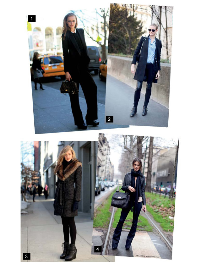 CalÃ§a pantalona preta com blazer estilo boyfriend, all black (foto 1). A camisa jeans garante charme e descontraÃ§Ã£o ao look (foto 2). O casaco comprido com gola de pelinhos proporciona glamour a qualquer visual, lindooo! (foto 3). CalÃ§a fl are preta com jaquetinha curta de couro (foto 4).